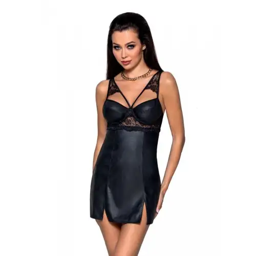 Бэби-долл из эко-кожи и кружева Loona Chemise black L/XL - Passion photo 1