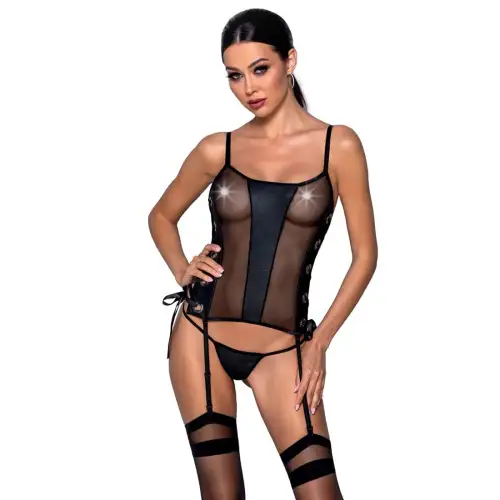 Сетчатый корсет из эко-кожи, с люверсами и съемными пажами Malwia Corset black L/XL — Passion photo 1