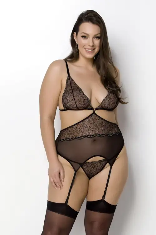 Корсет с пажами Passion Amberly Corset 6XL/7XL black, ассиметричный крой, кружева, стринги photo 1