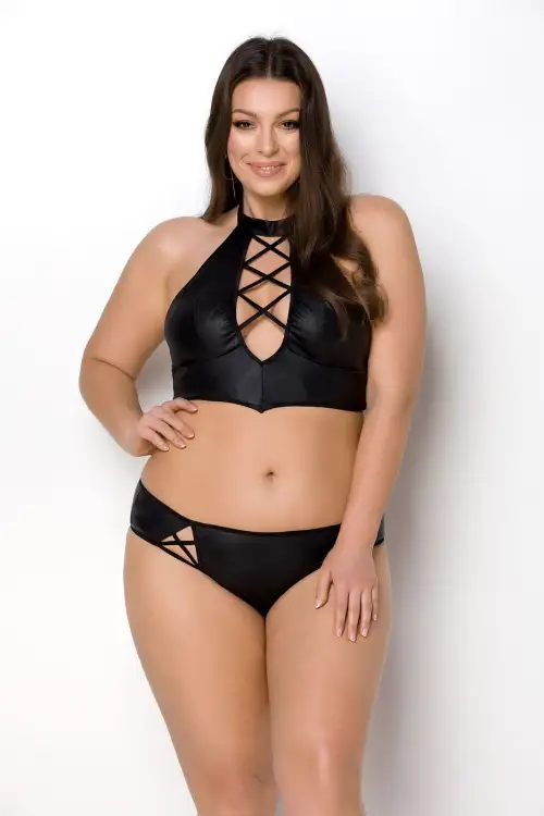 Комплект из экокожи Passion Nancy Bikini 4XL/5XL black, бра и трусики с имитацией шнуровки photo 1