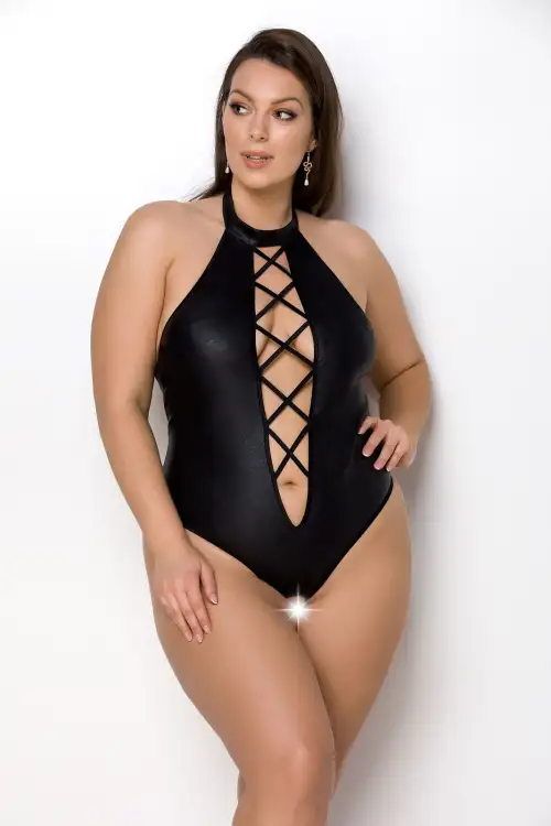 Боди из экокожи Passion Nancy Body 6XL/7XL black, с имитацией шнуровки и открытым доступом photo 1